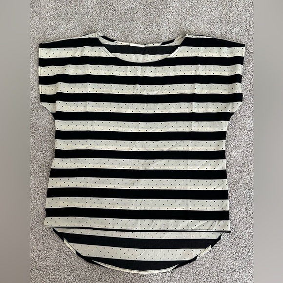 EVERLY Cream Black Striped Polka Dot Top Blouse Crew Neck Short Sleeve, medium - Picture 3 of 6